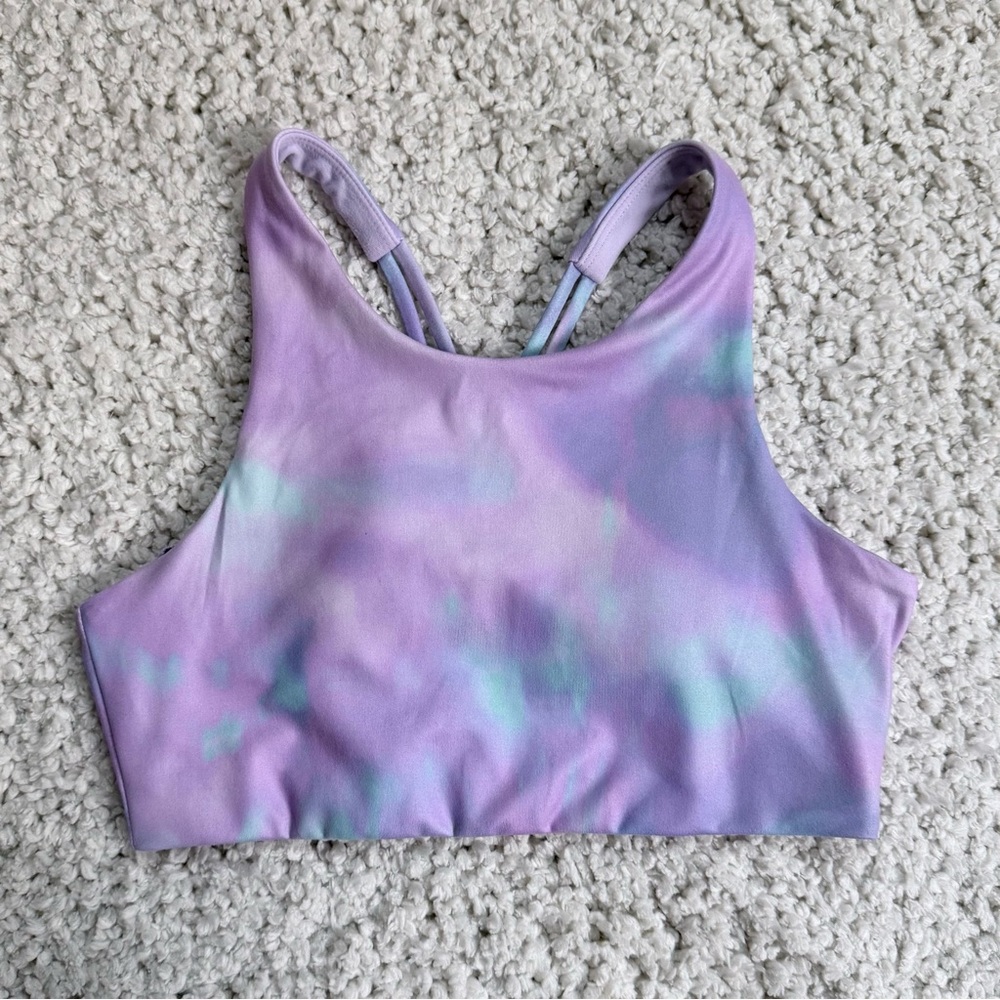 All in Motion Girls' Strappy Sports Bra - purple pink tie dye print